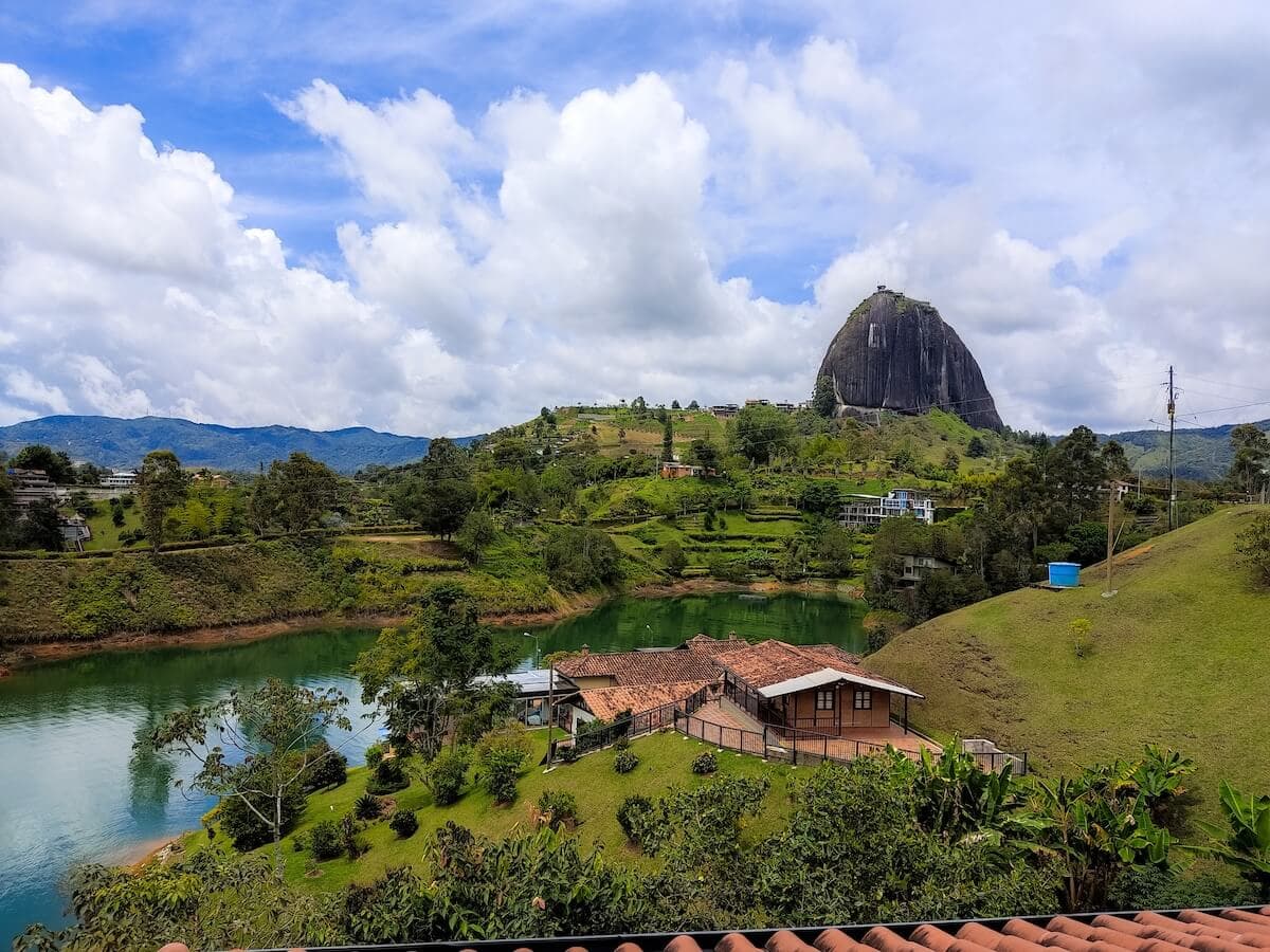 Panoramic view of Finca Conejo Blanco with private jacuzzi and Guatapé Rock view in Antioquia, Colombia